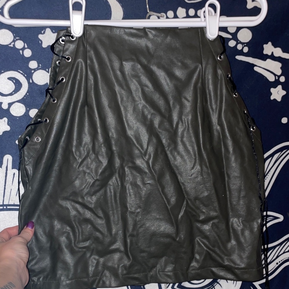 PrettyLittleThing Dark Green Lace-Up Faux Leather Skirt